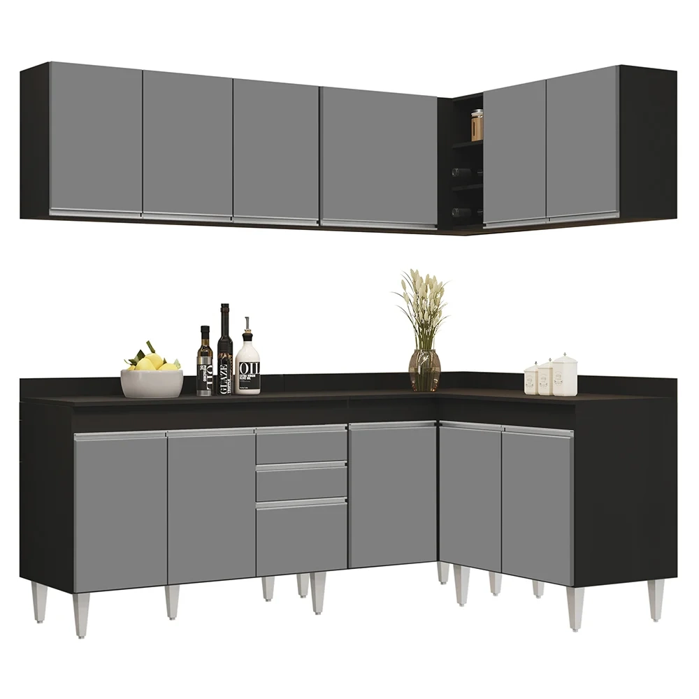 Armário de Cozinha Modulado de Canto 6 Peças CP29 Balcão com Tampo Preto/Cinza - Lumil