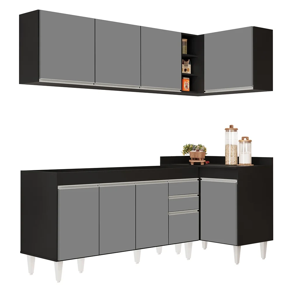 Armário de Cozinha Modulado de Canto Esquerdo 4 Peças CP49 Balcão sem Tampo Preto/Cinza - Lumil