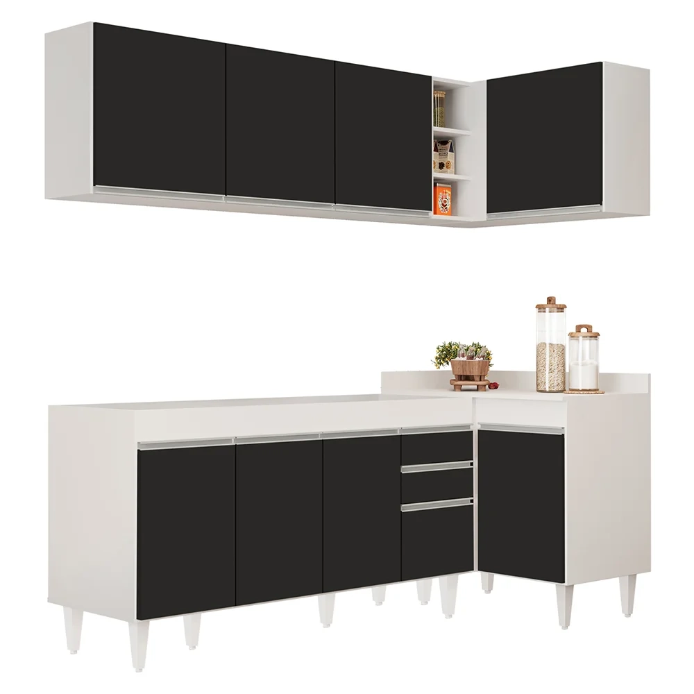 Armário de Cozinha Modulado de Canto Esquerdo 4 Peças CP49 Balcão sem Tampo Branco/Preto - Lumil