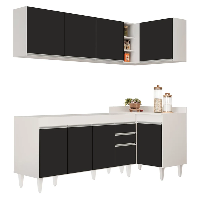 Armário de Cozinha Modulado de Canto Esquerdo 4 Peças CP49 Balcão sem Tampo Branco/Preto - Lumil