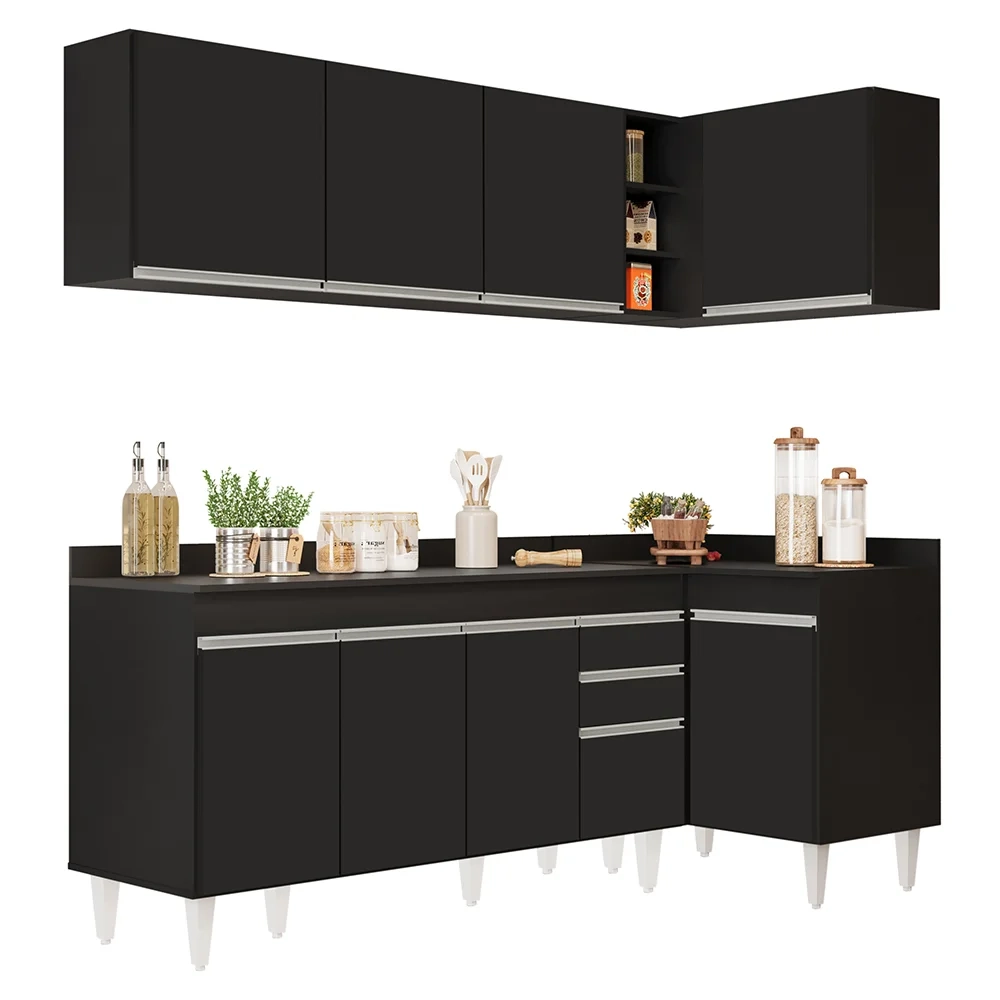 Armário de Cozinha Modulado de Canto Esquerdo 4 Peças CP50 Balcão com Tampo Preto - Lumil