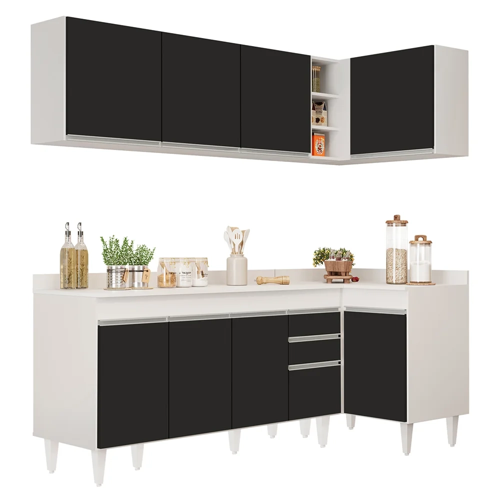 Armário de Cozinha Modulado de Canto Esquerdo 4 Peças CP50 Balcão com Tampo Branco/Preto - Lumil