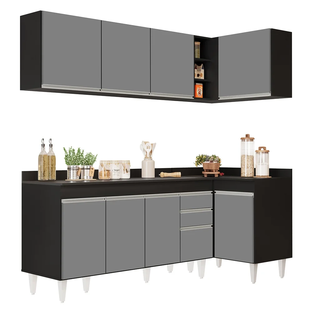 Armário de Cozinha Modulado de Canto Esquerdo 4 Peças CP50 Balcão com Tampo Preto/Cinza - Lumil