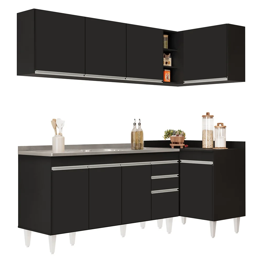 Armário de Cozinha Modulado de Canto Esquerdo 4 Peças CP51 com Pia Inox Preto - Lumil