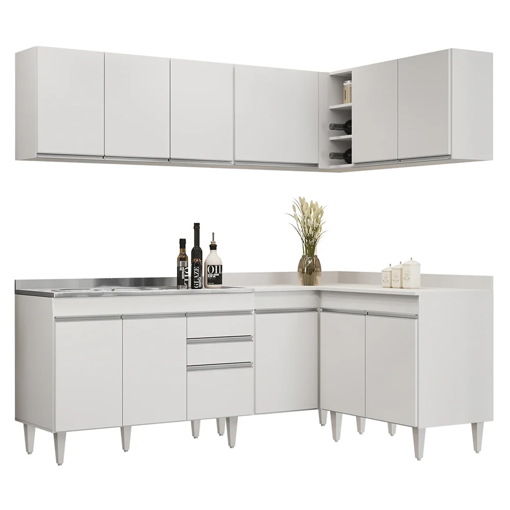 Armário de Cozinha Modulado de Canto 6 Peças CP30 com Pia Inox Branco - Lumil