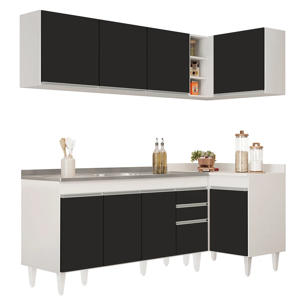 Armário de Cozinha Modulado de Canto Esquerdo 4 Peças CP51 com Pia Inox Branco/Preto - Lumil