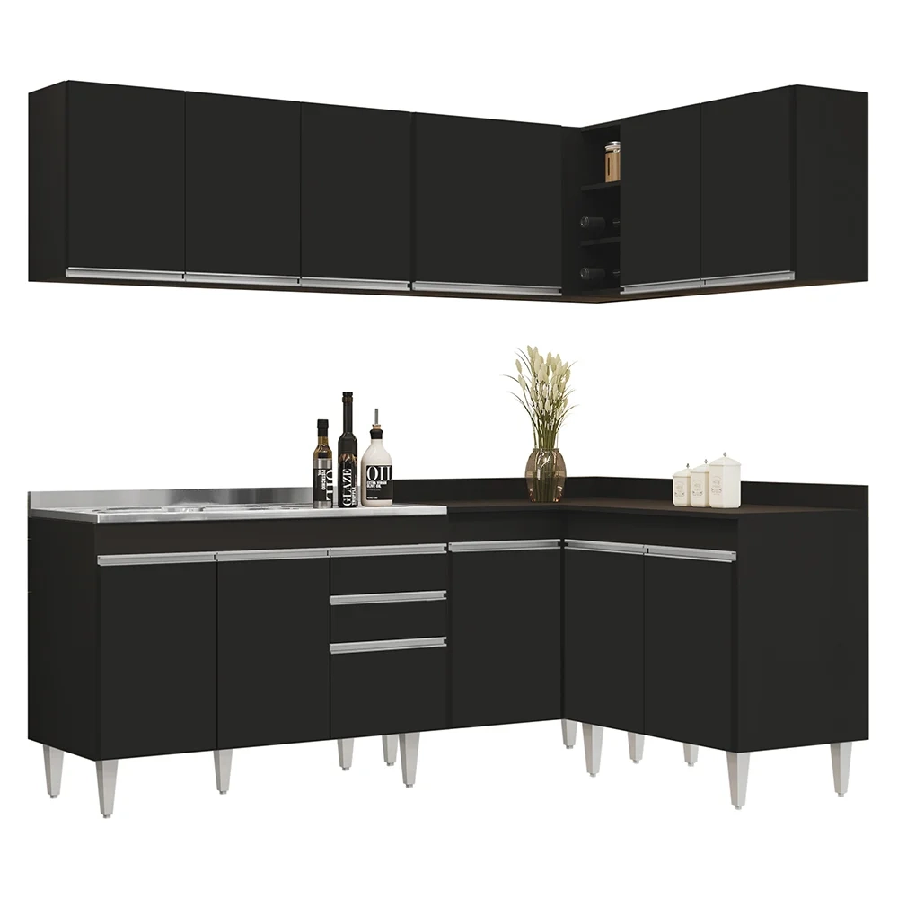 Armário de Cozinha Modulado de Canto 6 Peças CP30 com Pia Inox Preto - Lumil