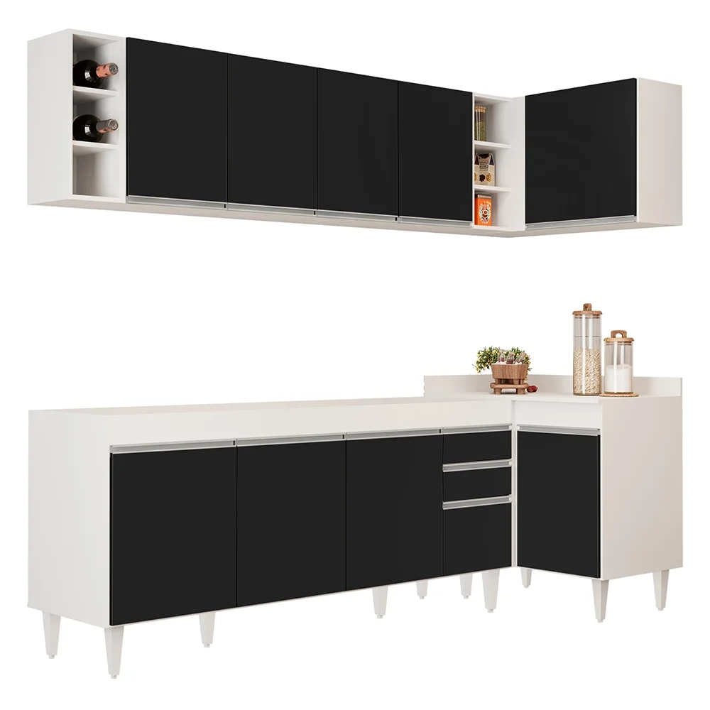 Armário de Cozinha Modulado de Canto Esquerdo 5 Peças CP52 Balcão sem Tampo Branco/Preto - Lumil