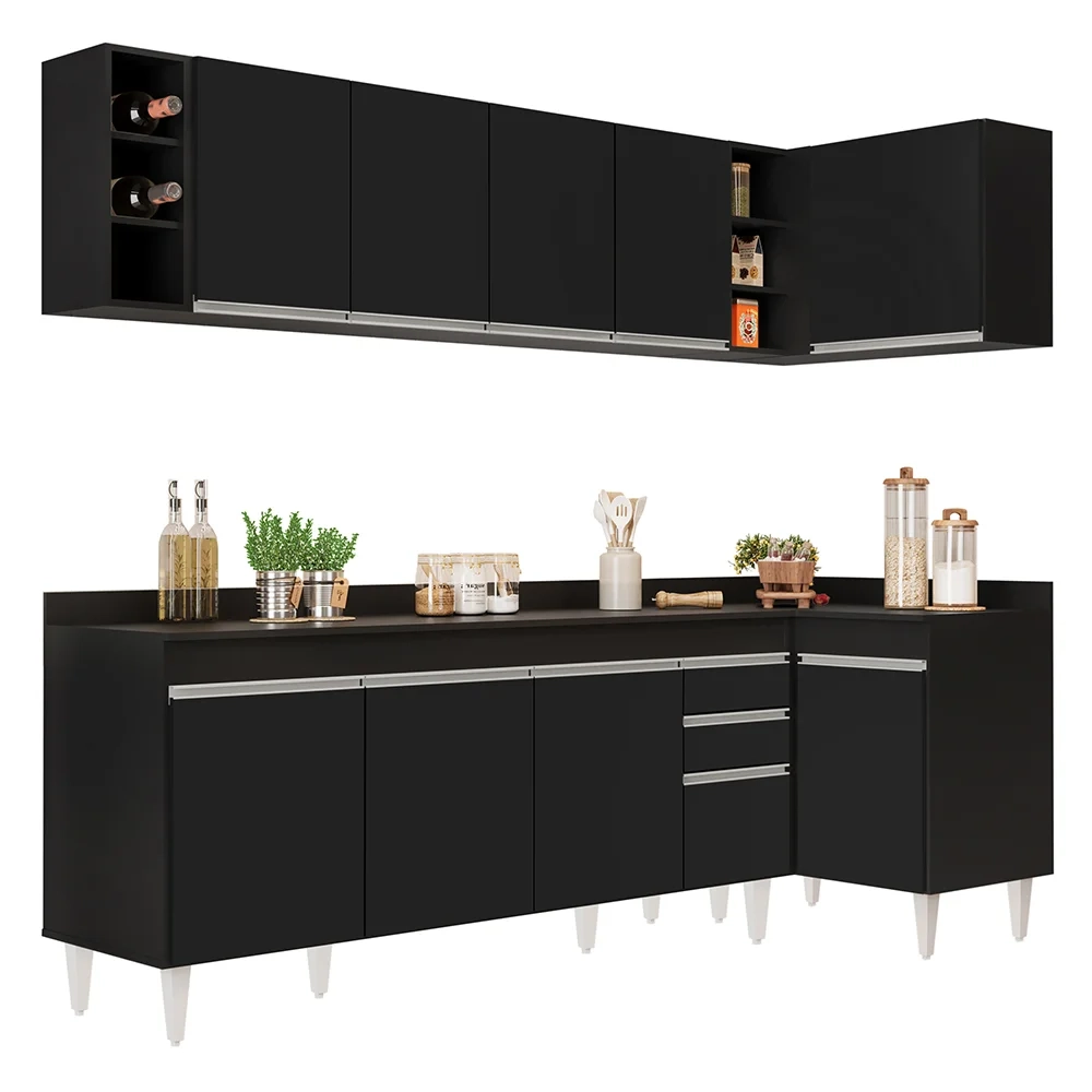 Armário de Cozinha Modulado de Canto Esquerdo 5 Peças CP53 Balcão com Tampo Preto - Lumil