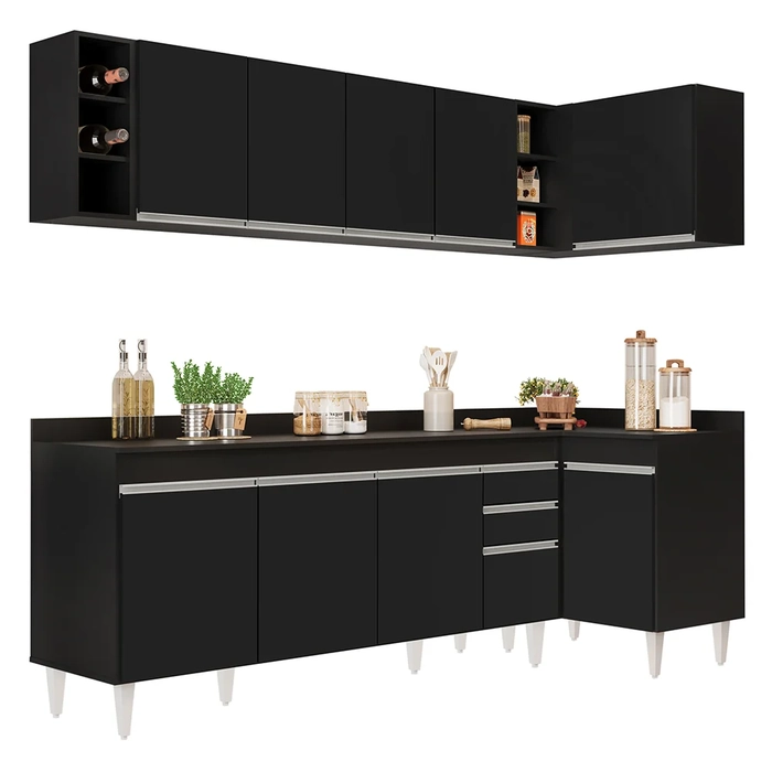 Armário de Cozinha Modulado de Canto Esquerdo 5 Peças CP53 Balcão com Tampo Preto - Lumil