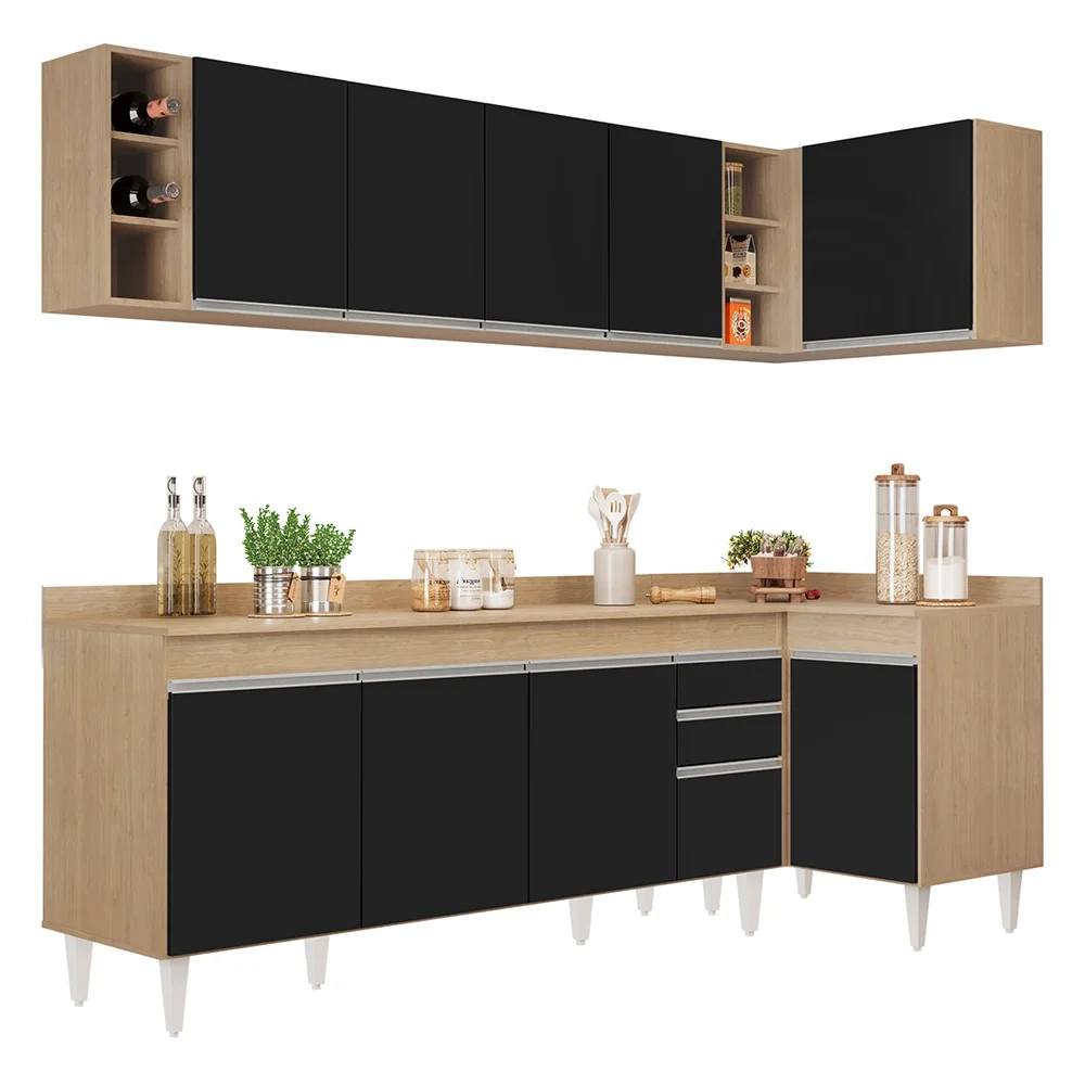 Armário de Cozinha Modulado de Canto Esquerdo 5 Peças CP53 Balcão com Tampo Castanho/Preto - Lumil