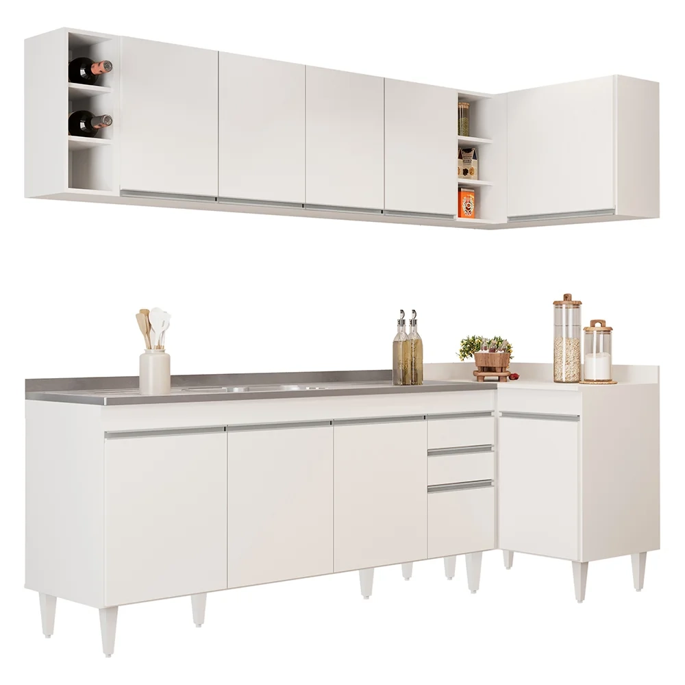 Armário de Cozinha Modulado de Canto Esquerdo 5 Peças CP54 com Pia Inox Branco - Lumil