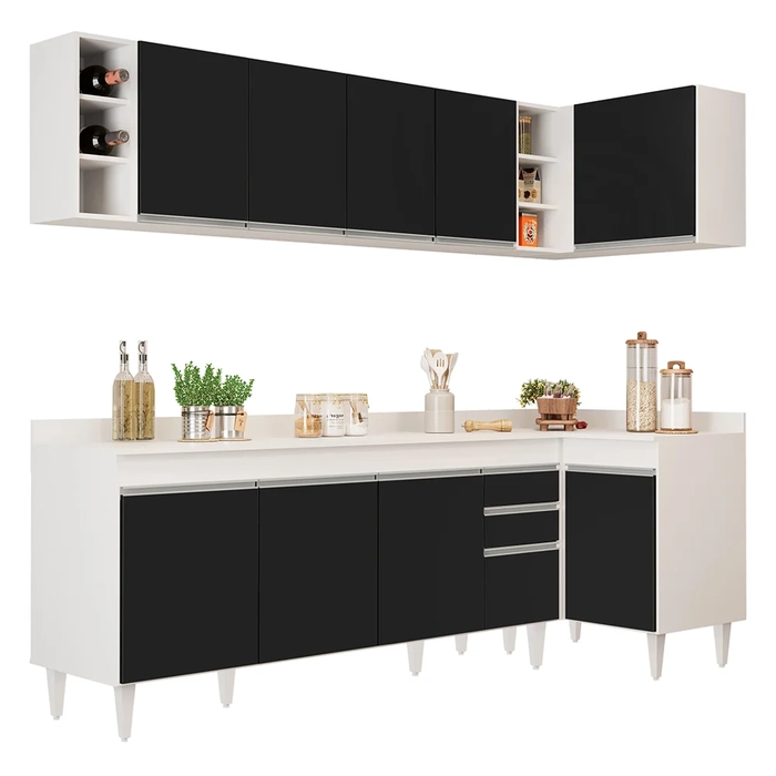 Armário de Cozinha Modulado de Canto Esquerdo 5 Peças CP53 Balcão com Tampo Branco/Preto - Lumil