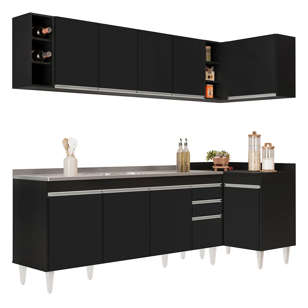 Armário de Cozinha Modulado de Canto Esquerdo 5 Peças CP54 com Pia Inox Preto - Lumil