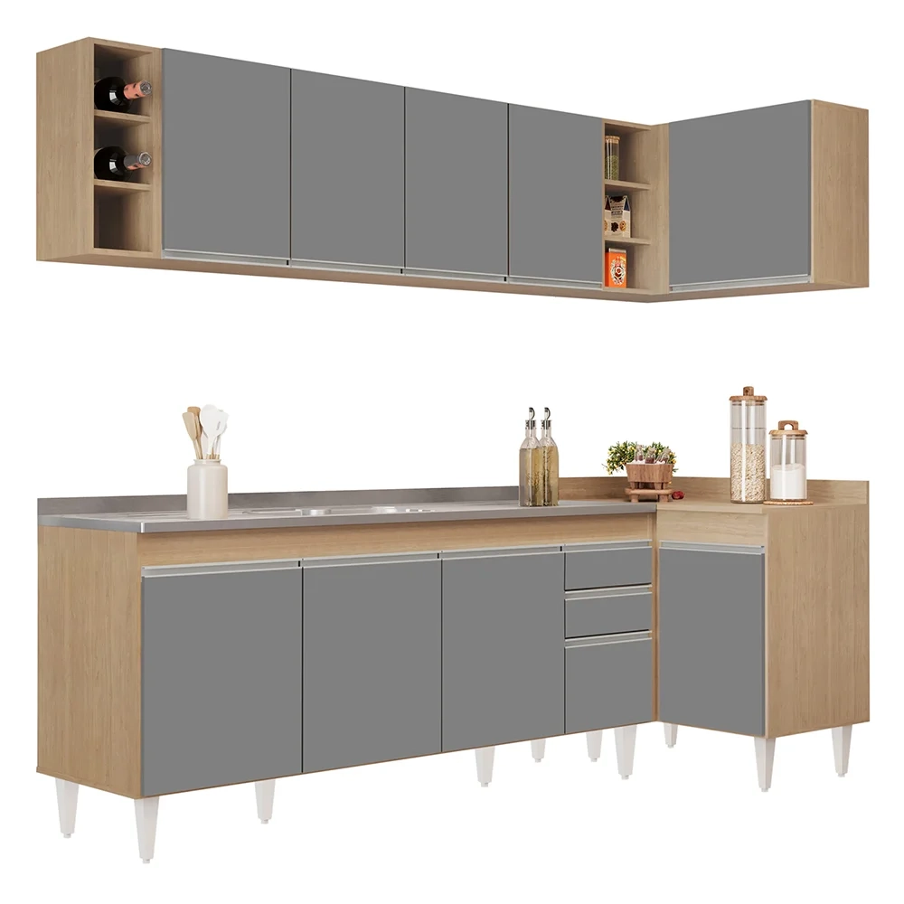 Armário de Cozinha Modulado de Canto Esquerdo 5 Peças CP54 com Pia Inox Castanho/Cinza - Lumil