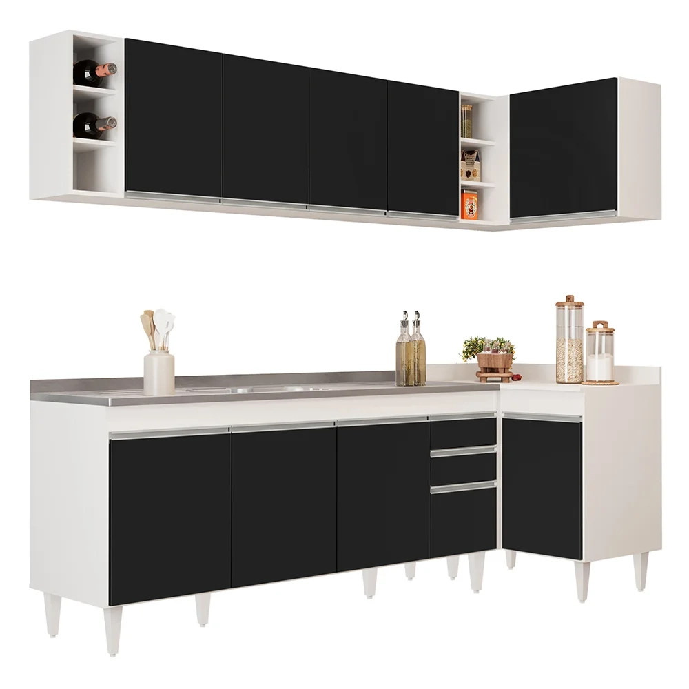 Armário de Cozinha Modulado de Canto Esquerdo 5 Peças CP54 com Pia Inox Branco/Preto - Lumil