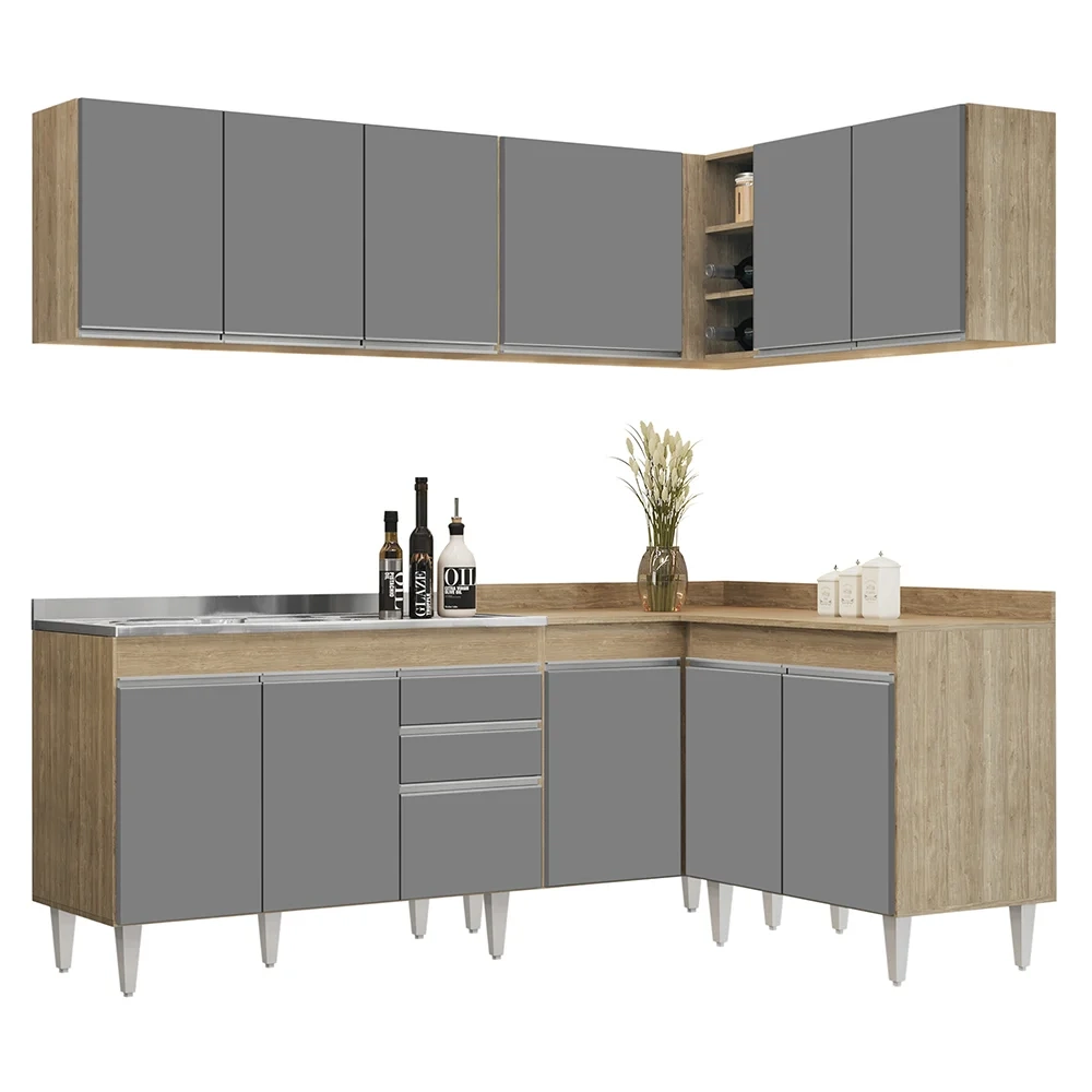 Armário de Cozinha Modulado de Canto 6 Peças CP30 com Pia Inox Castanho/Cinza - Lumil