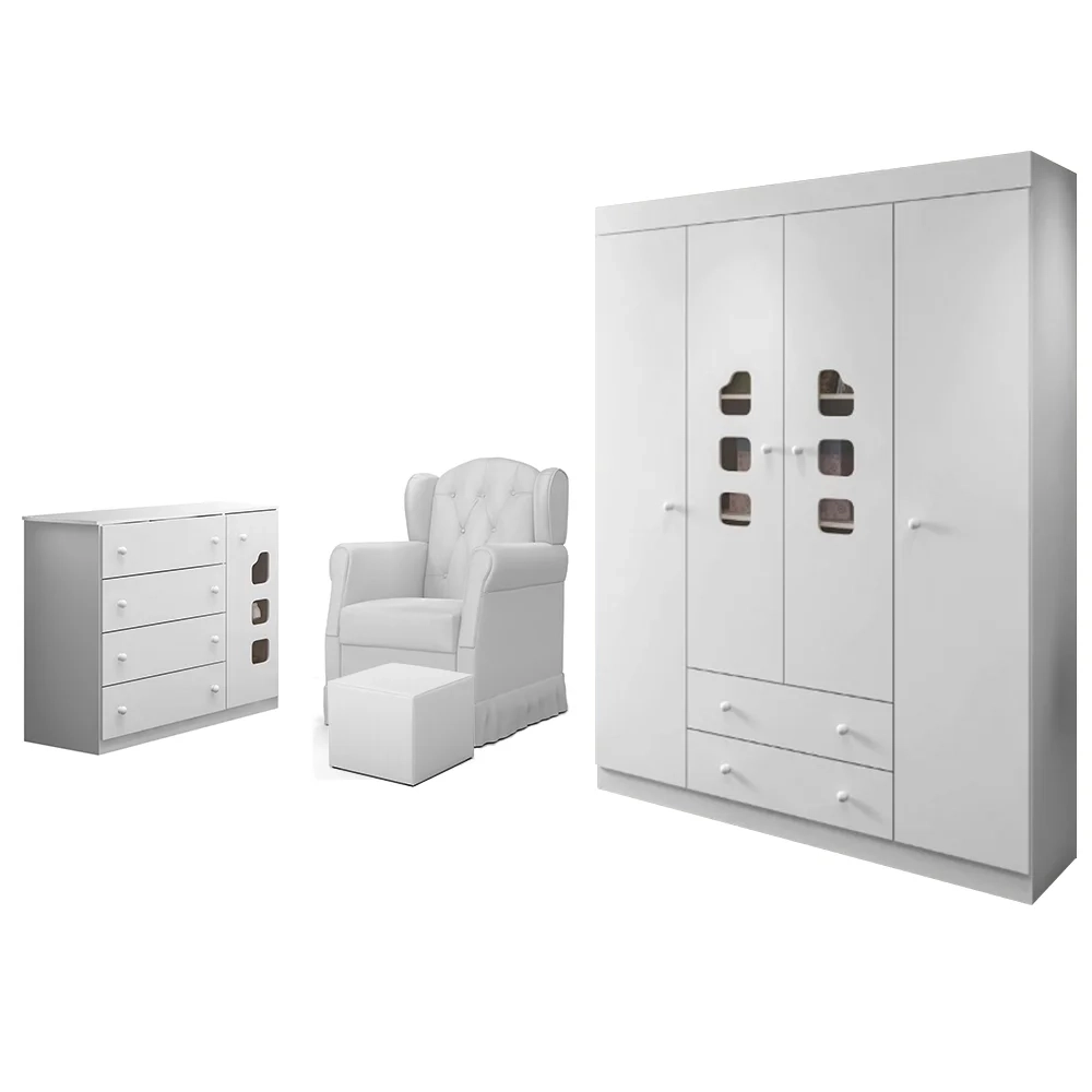 Quarto Infantil 3 Peças com Poltrona Amamentação Cecilia Sintético Branco - Phoenix