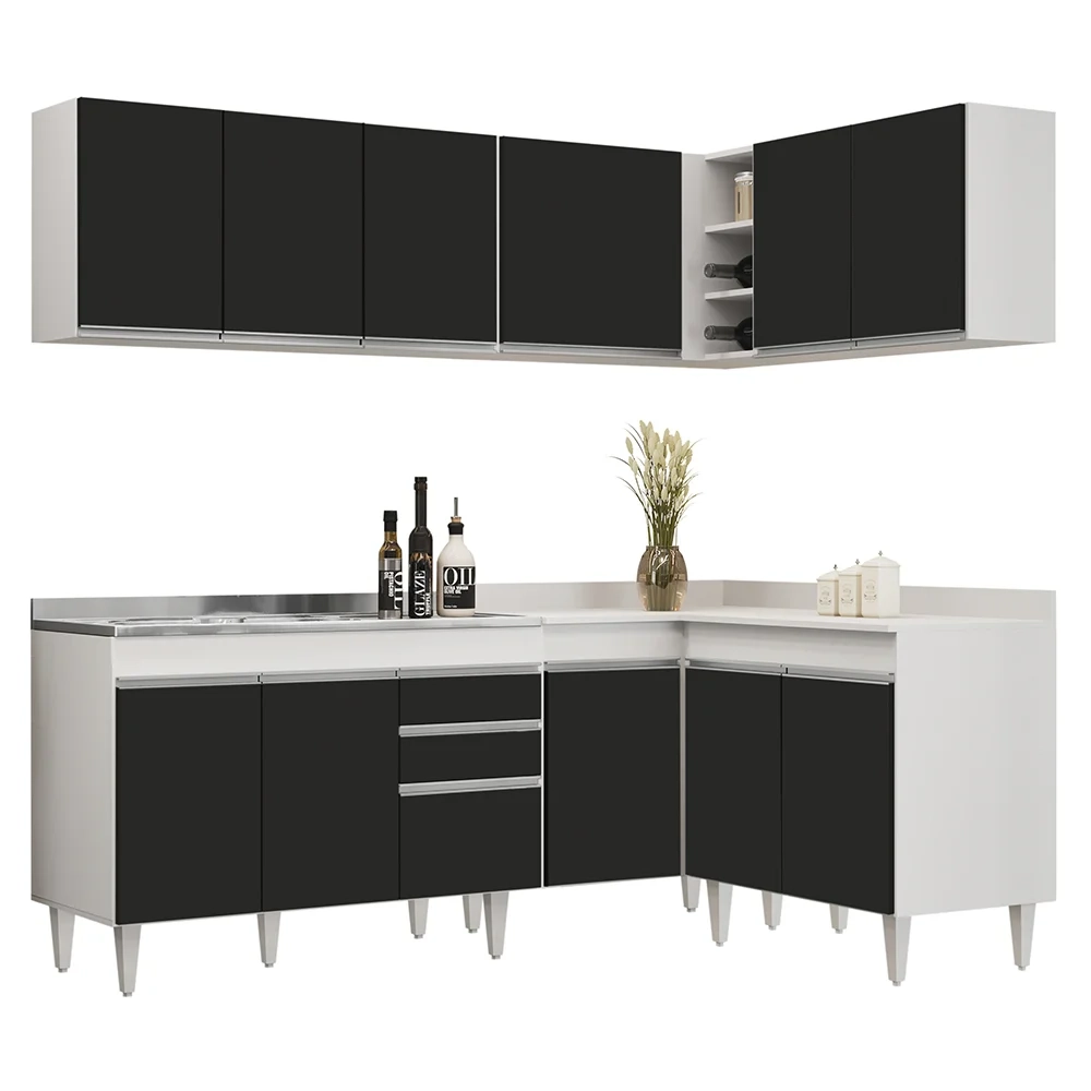 Armário de Cozinha Modulado de Canto 6 Peças CP30 com Pia Inox Branco/Preto - Lumil