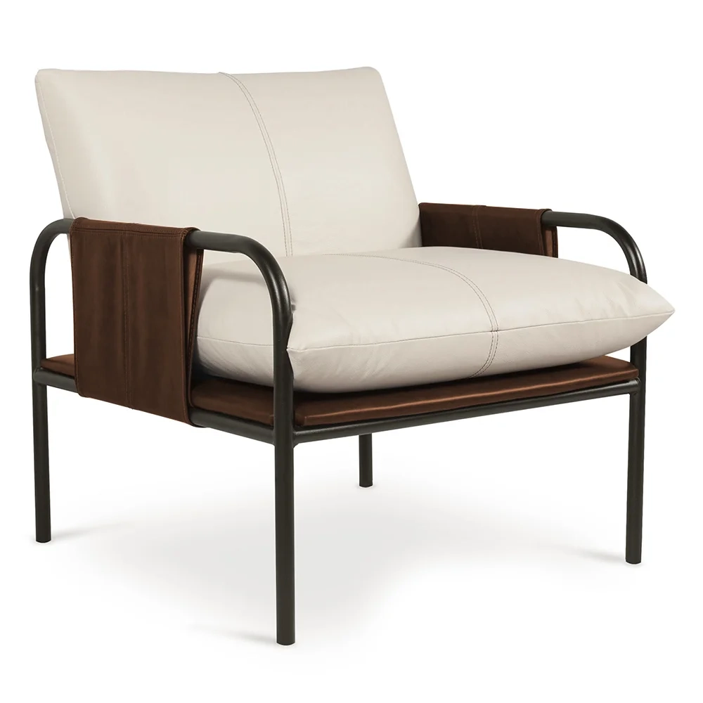 Poltrona Decorativa Estilo Industrial Lina L07 Couro Branco/Camel - Mpozenato