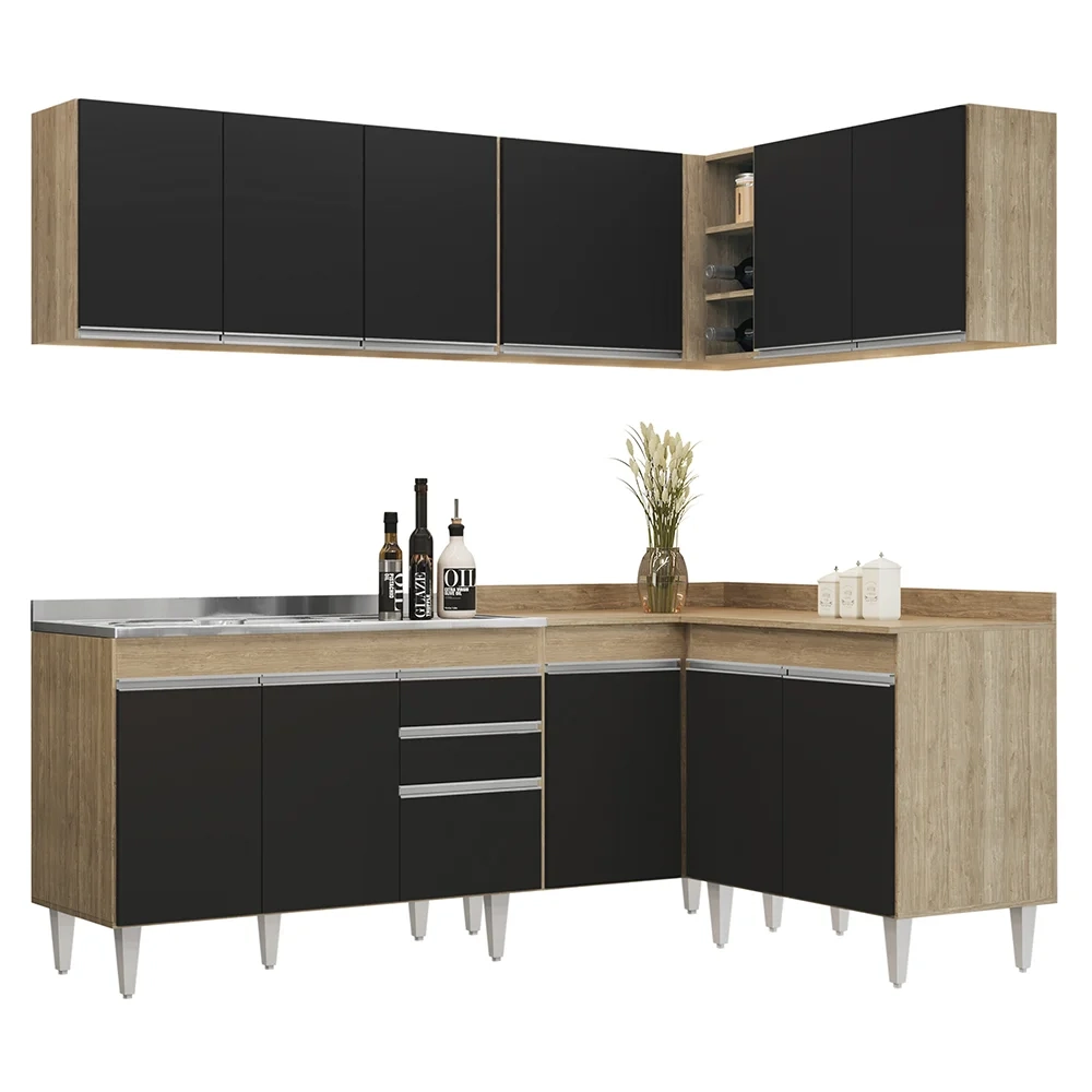 Armário de Cozinha Modulado de Canto 6 Peças CP30 com Pia Inox Castanho/Preto - Lumil