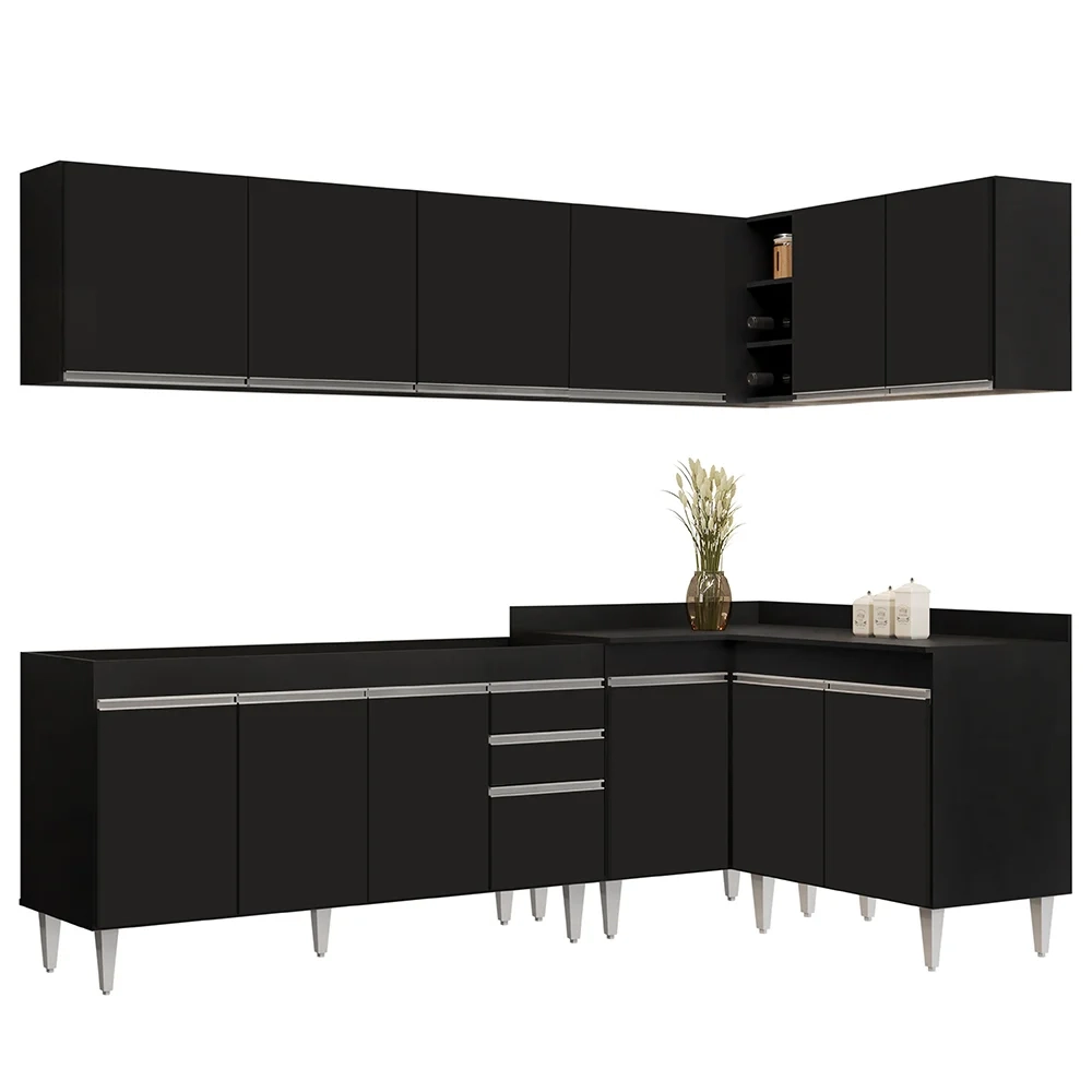 Armário de Cozinha Modulado de Canto 6 Peças CP31 Balcão sem Tampo Preto - Lumil