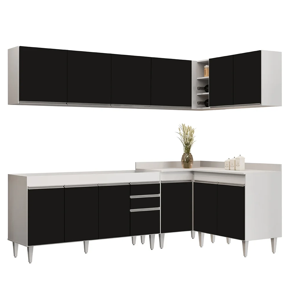 Armário de Cozinha Modulado de Canto 6 Peças CP31 Balcão sem Tampo Branco/Preto - Lumil