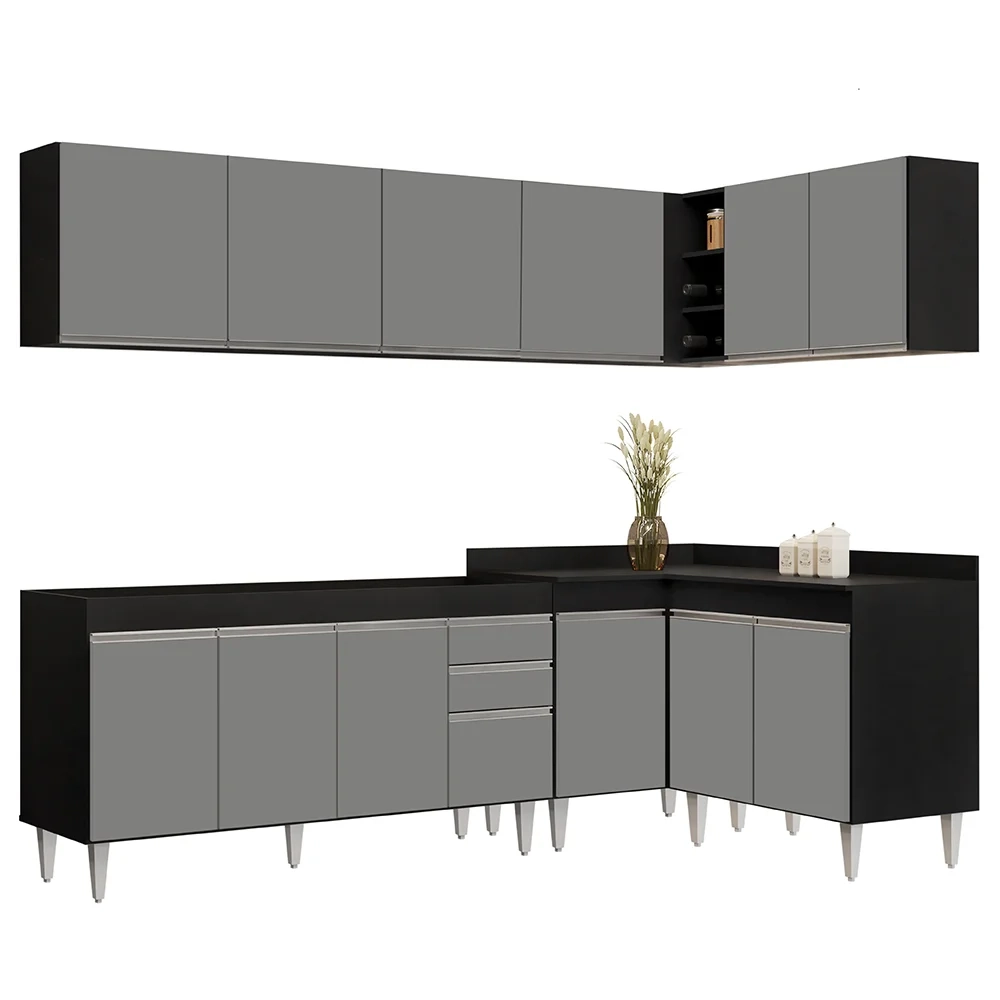 Armário de Cozinha Modulado de Canto 6 Peças CP31 Balcão sem Tampo Preto/Cinza - Lumil