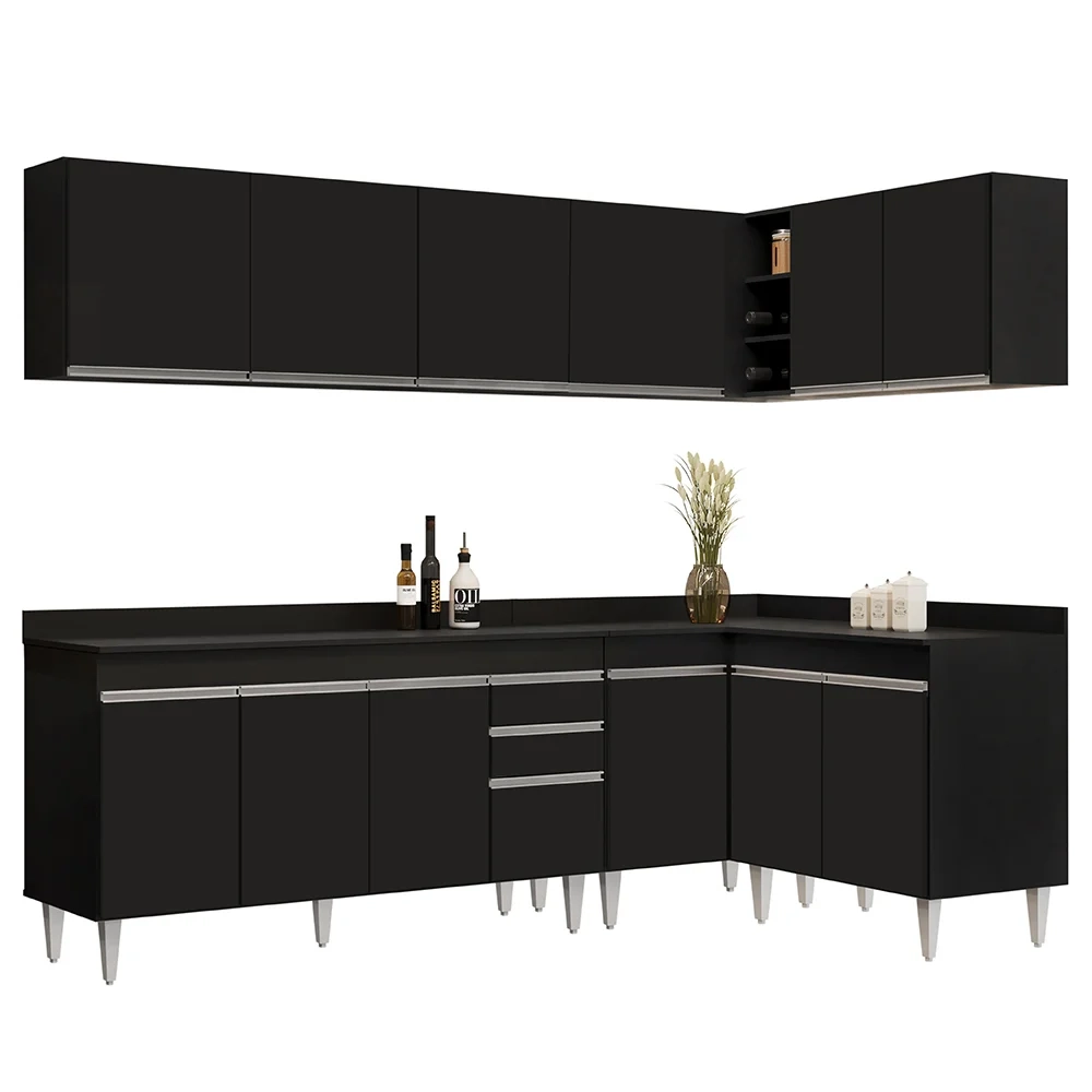 Armário de Cozinha Modulado de Canto 6 Peças CP32 Balcão com Tampo Preto - Lumil