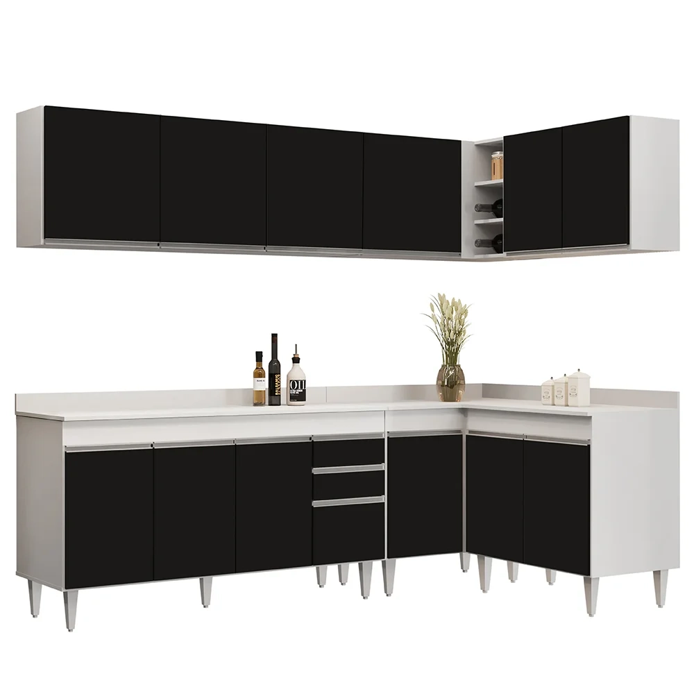 Armário de Cozinha Modulado de Canto 6 Peças CP32 Balcão com Tampo Branco/Preto - Lumil