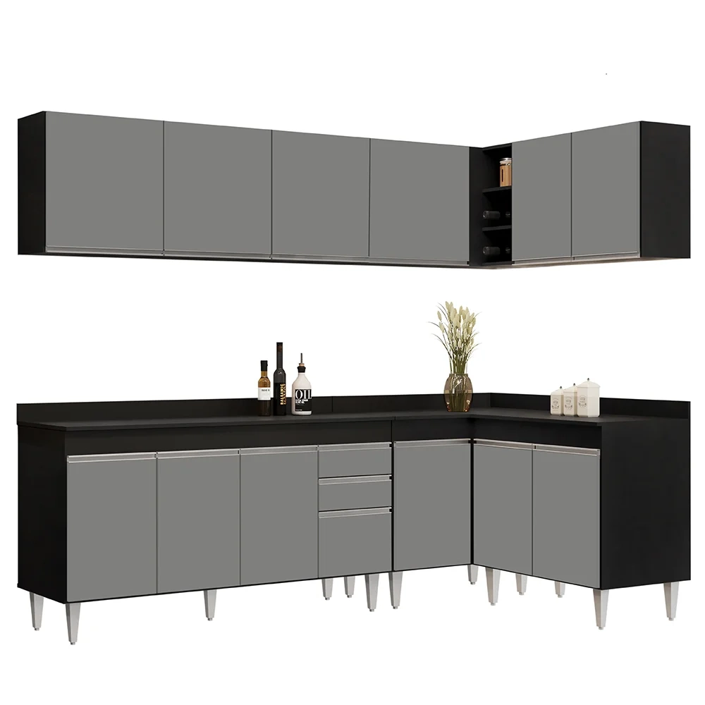 Armário de Cozinha Modulado de Canto 6 Peças CP32 Balcão com Tampo Preto/Cinza - Lumil