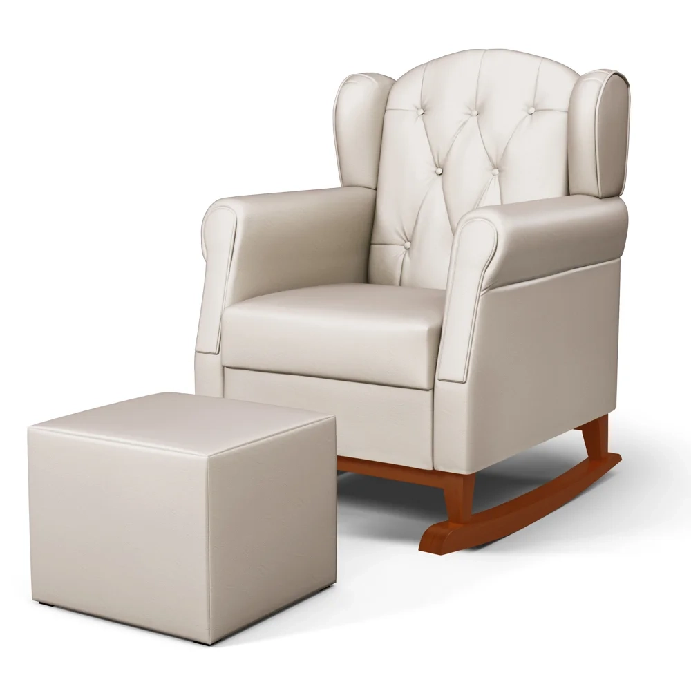 Poltrona Amamentação Base Madeira Balanço e Puff Letícia Sintético Bege - Phoenix