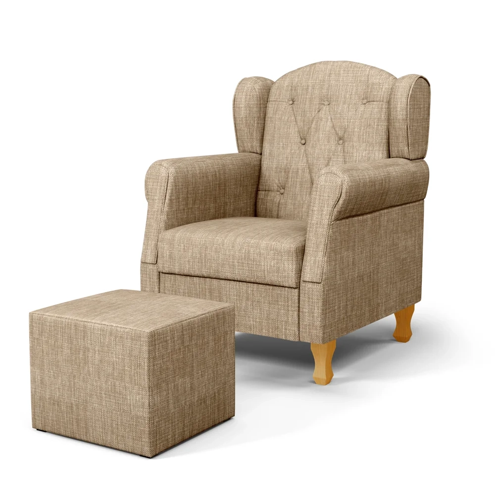 Poltrona de Amamentação Pés Madeira e Puff Letícia Linho Bege Escuro - Phoenix