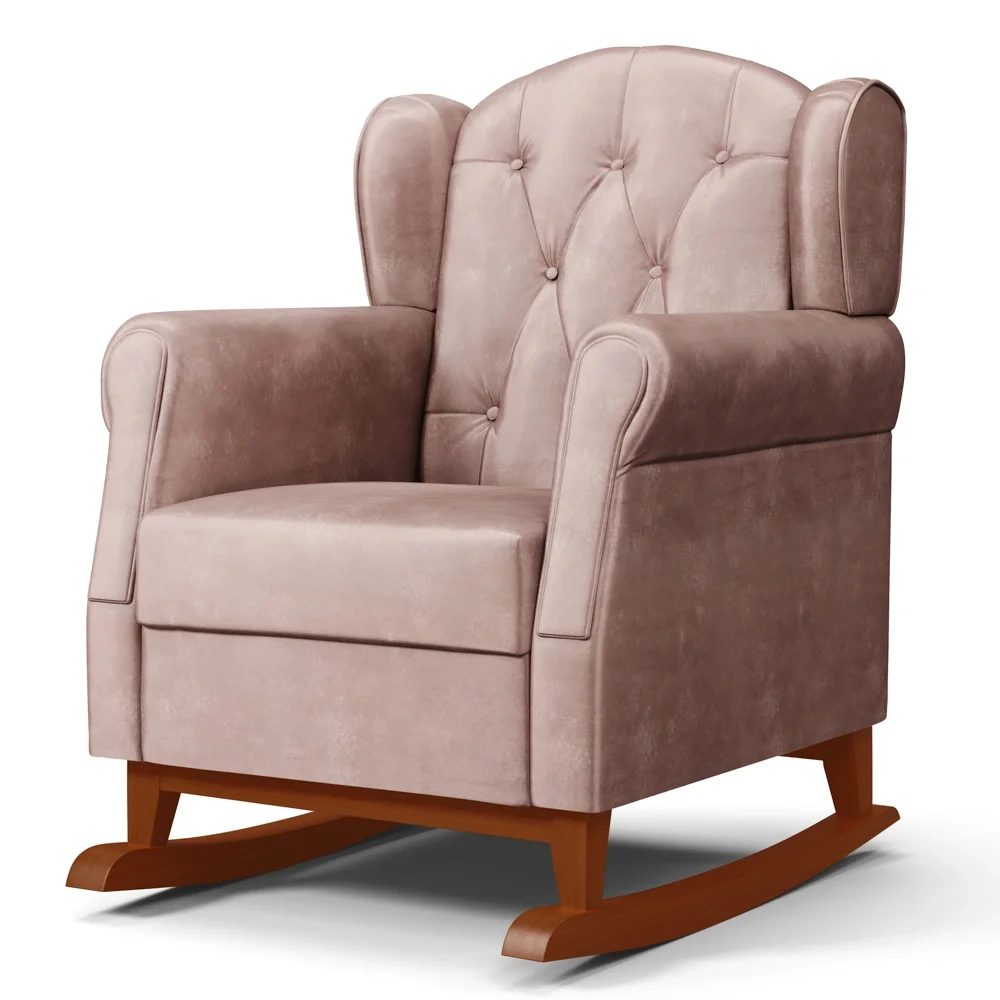 Poltrona de Amamentação Base Madeira Balanço Letícia Veludo Rosê - Phoenix