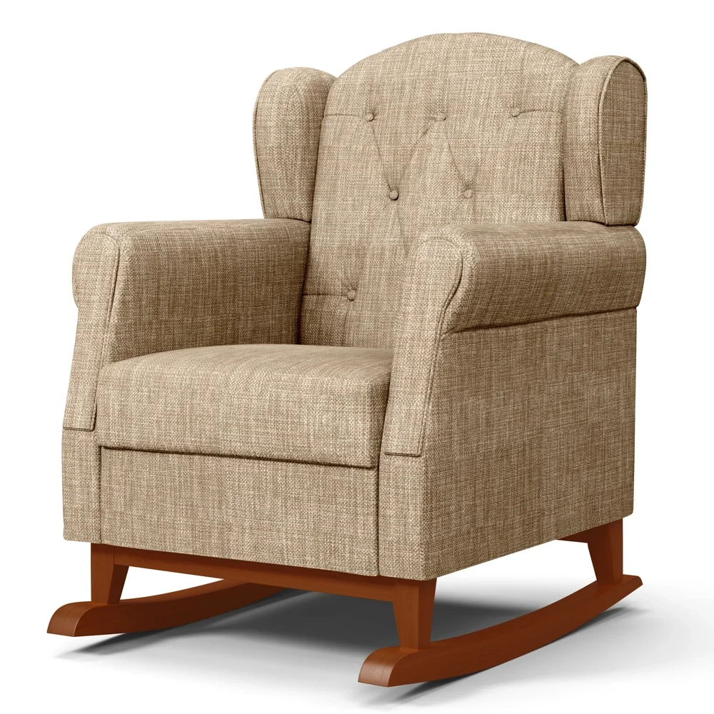 Poltrona de Amamentação Base Madeira Balanço Letícia Linho Bege Escuro - Phoenix