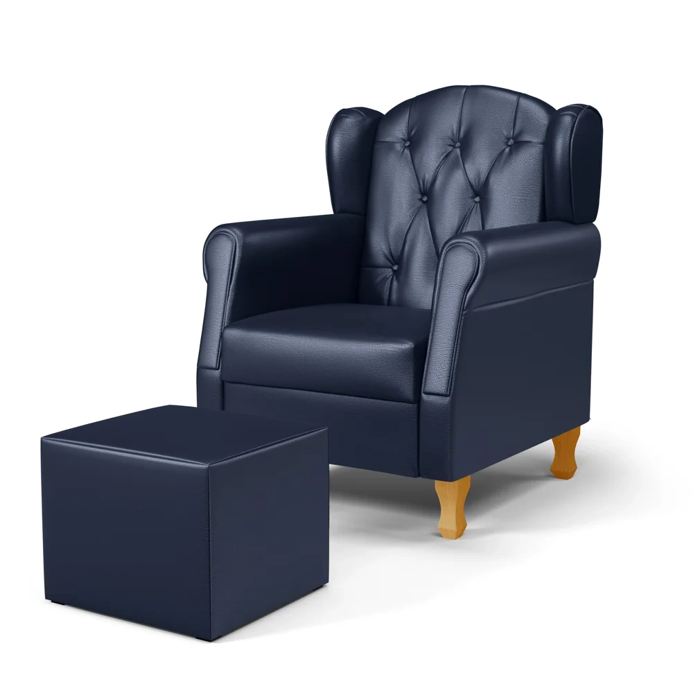 Poltrona de Amamentação Pés Madeira e Puff Letícia Sintético Azul Marinho - Phoenix