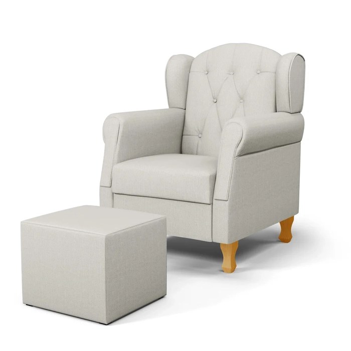 Poltrona de Amamentação Pés Madeira e Puff Letícia Linho Off White - Phoenix