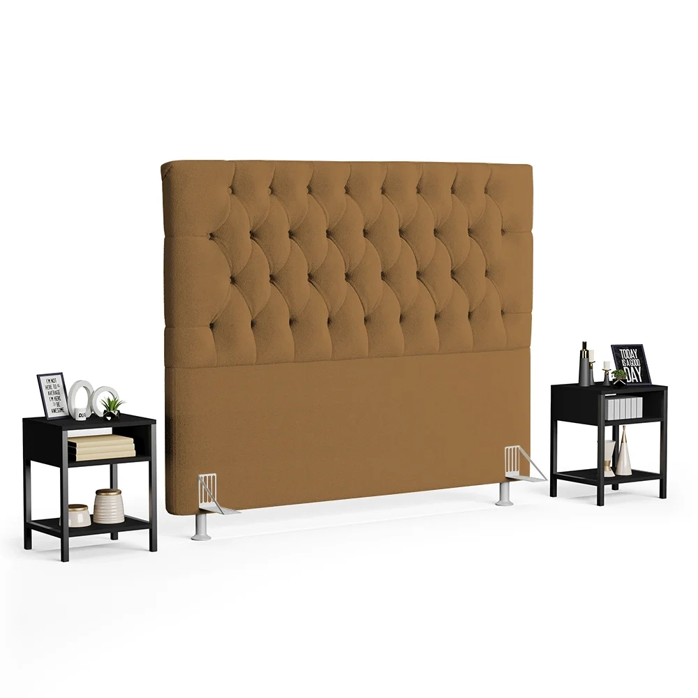Cabeceira Casal Queen 160cm Cristal Boucle Mostarda e 2 Mesas Laterais Plaza LC1 Preto - Mpozenato