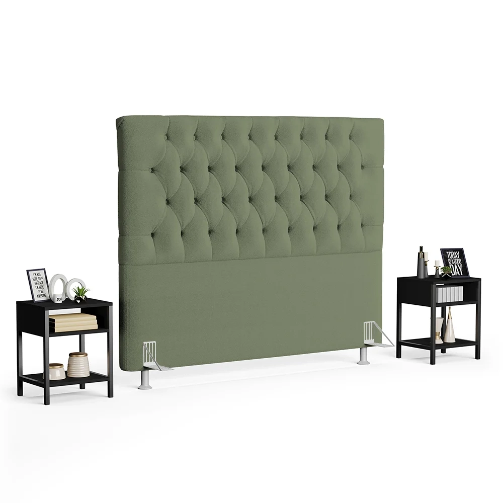 Cabeceira Casal King 195cm Cristal Boucle Oliva e 2 Mesas Laterais Plaza LC1 Preto - Mpozenato