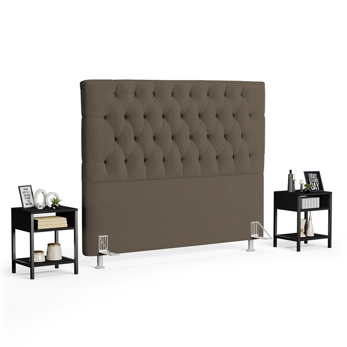 Cabeceira Casal King 195cm Cristal Boucle Marrom e 2 Mesas Laterais Plaza LC1 Preto - Mpozenato
