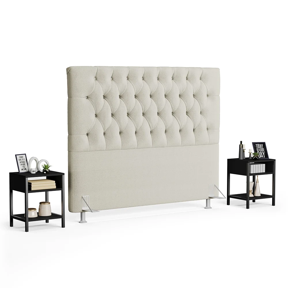 Cabeceira Casal 140cm Cristal Boucle Bege e 2 Mesas Laterais Plaza LC1 Preto - Mpozenato