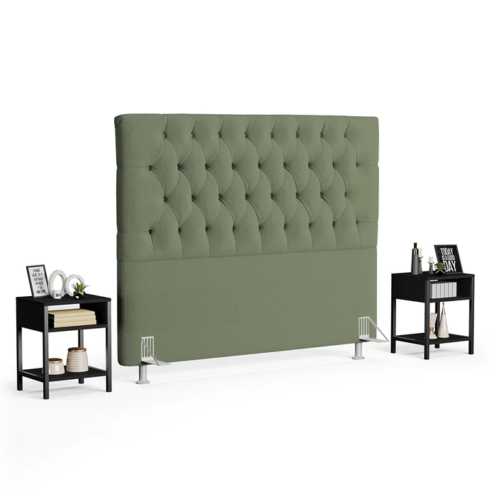 Cabeceira Casal 140cm Cristal Boucle Oliva e 2 Mesas Laterais Plaza LC1 Preto - Mpozenato