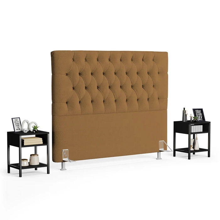 Cabeceira Casal 140cm Cristal Boucle Mostarda e 2 Mesas Laterais Plaza LC1 Preto - Mpozenato