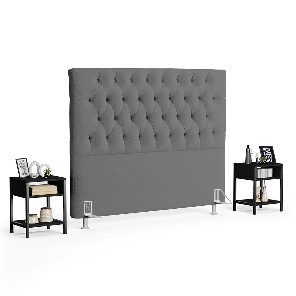 Cabeceira Casal 140cm Cristal Boucle Cinza e 2 Mesas Laterais Plaza LC1 Preto - Mpozenato