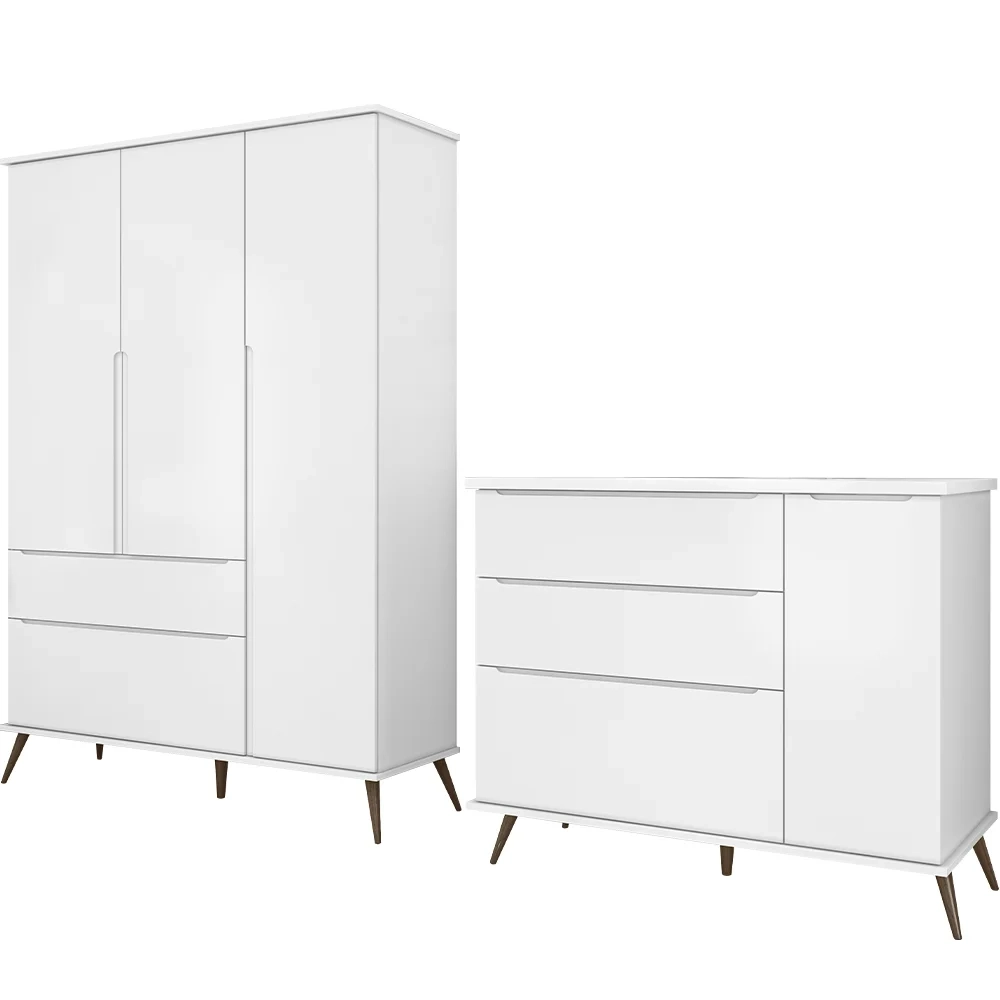 Jogo De Quarto Infantil Guarda Roupa e Cômoda 100% MDF Melinda Branco - Phoenix