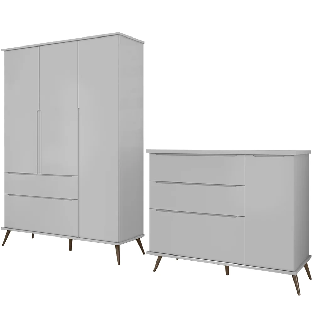 Jogo De Quarto Infantil Guarda Roupa e Cômoda 100% MDF Melinda Cinza - Phoenix