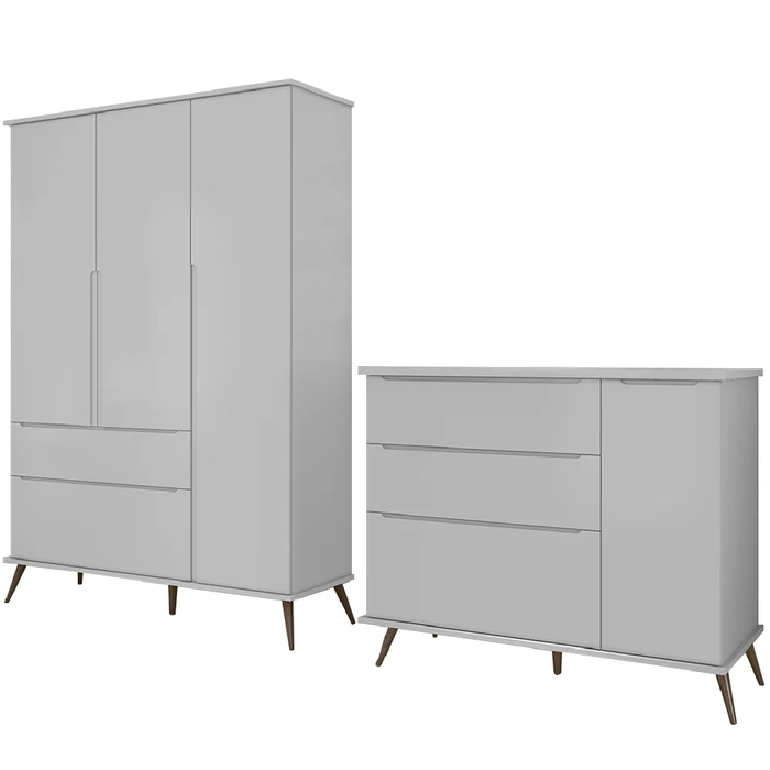 Jogo De Quarto Infantil Guarda Roupa e Cômoda 100% MDF Melinda Cinza - Phoenix