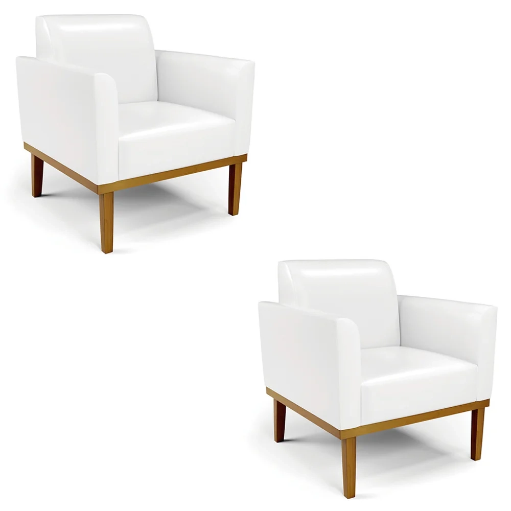Poltrona Base Madeira Castanho Kit 2 Maressa Sintético PU Branco - Ibiza