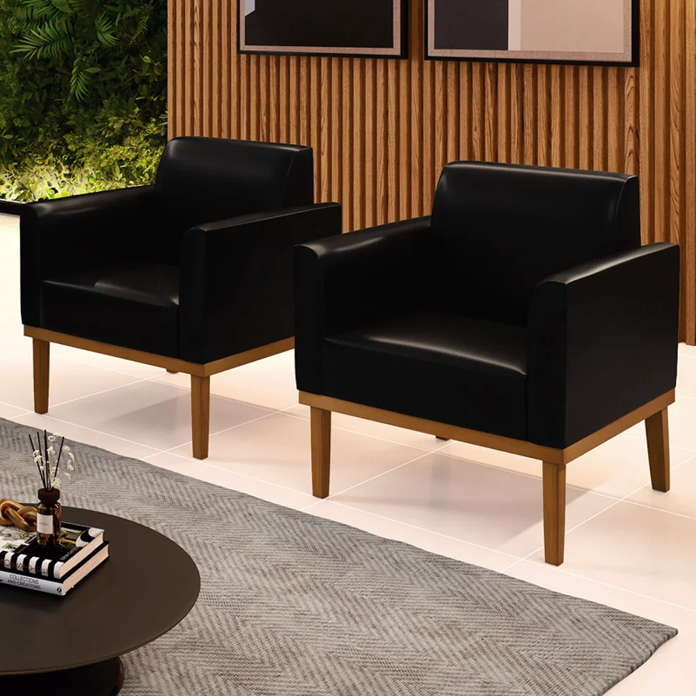 Poltrona Base Madeira Castanho Kit 2 Maressa Sintético PU Preto - Ibiza