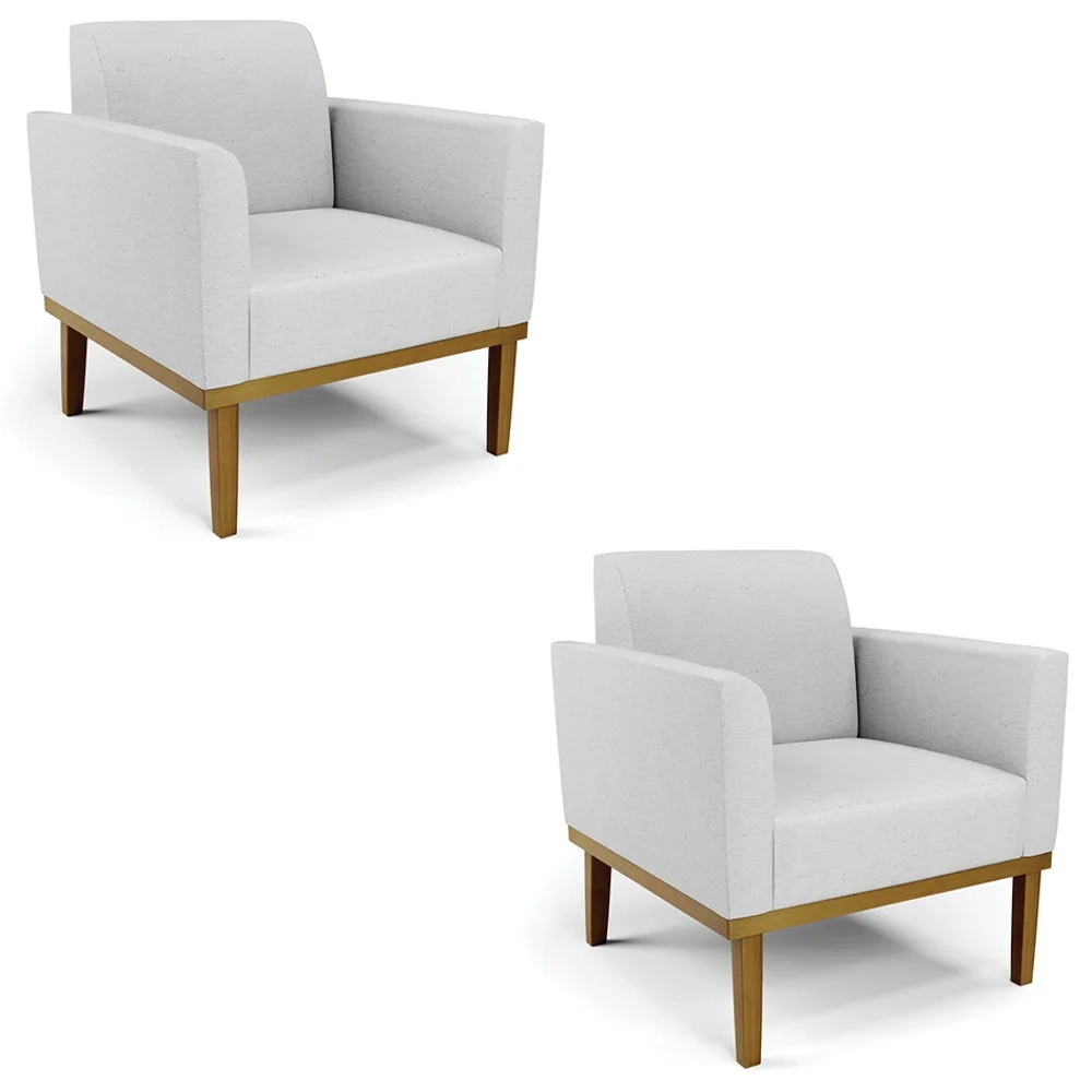 Poltrona Base Madeira Castanho Kit 2 Maressa Linho Cinza - Ibiza